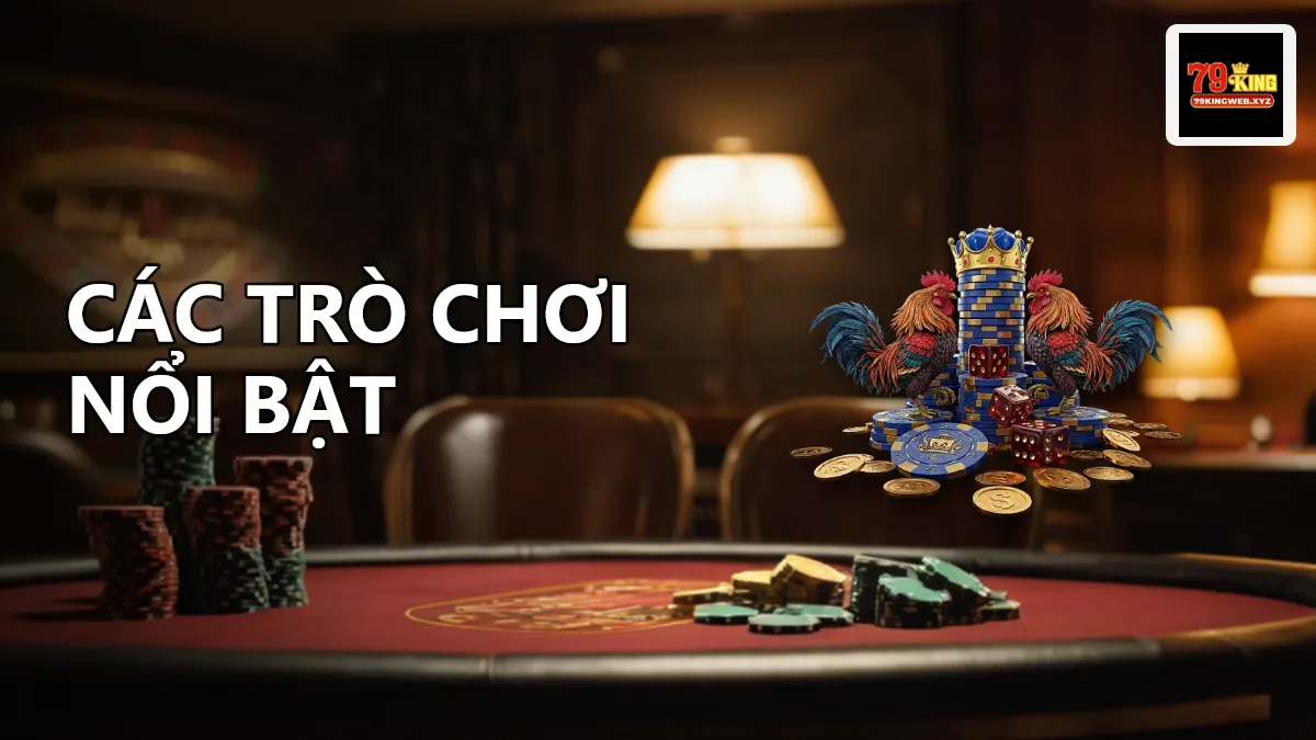 Sảnh casino 79KING hiển thị các bàn baccarat, roulette, sic bo và rồng hổ